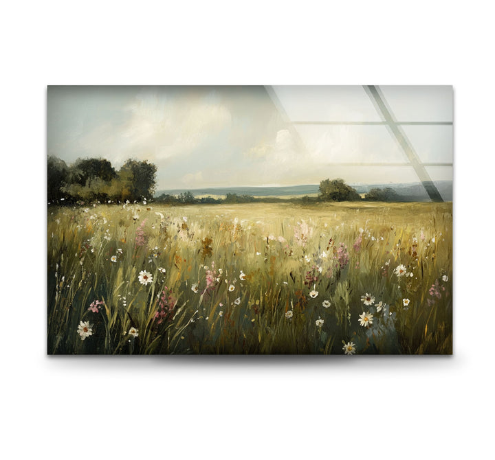 Golden Meadow Breeze – Wildflower Field in Soft Sunshine Glass Wall Art