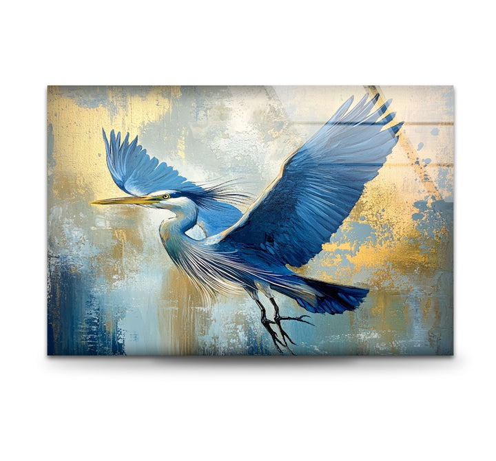 Wings of Sapphire – Blauer Reiher im Flug, Glaswandkunst