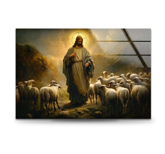 Geometric lines bisect the radiant image of Jesus the Good Shepherd with sheep, adding a contemporary art from glass touch to the religious scene.