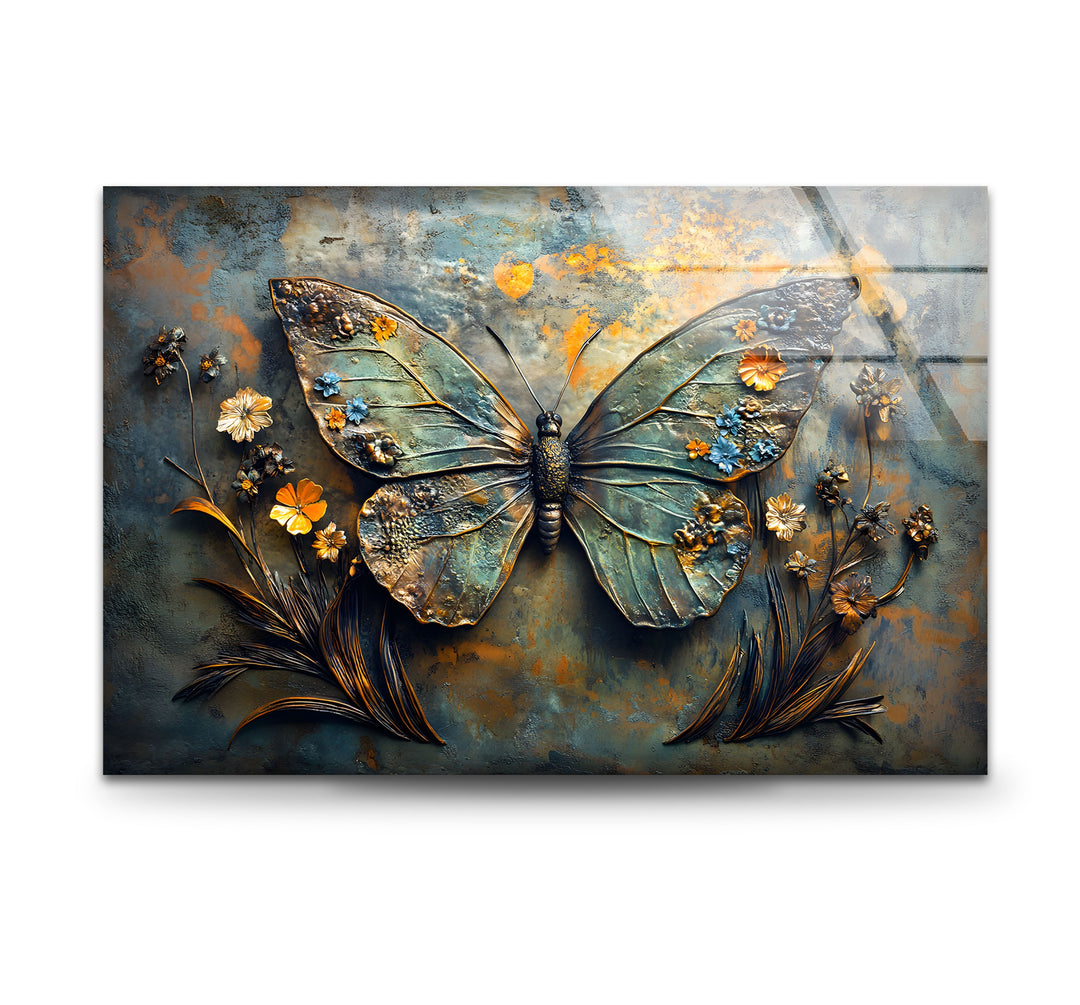 Blühende Flügel – Metallischer Schmetterling mit floralen Akzenten, Glaswandkunst