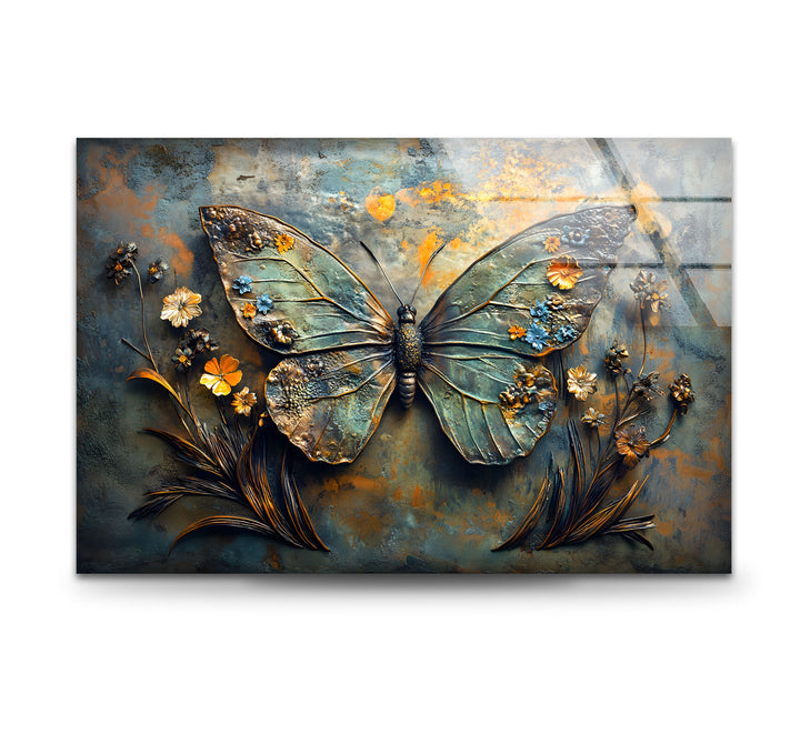Blühende Flügel – Metallischer Schmetterling mit floralen Akzenten, Glaswandkunst