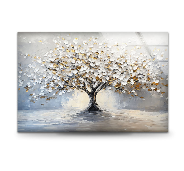 Golden Blossom Tree – Elegant White and Gold Glass Wall Art