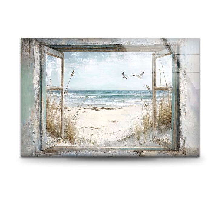 Seaside Freedom – Vintage Window View Glass Wall Art