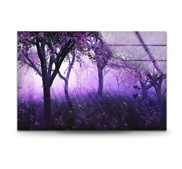 Mystic Purple Forest – Enchanted Trees with Lavender Light Glass Wall Art