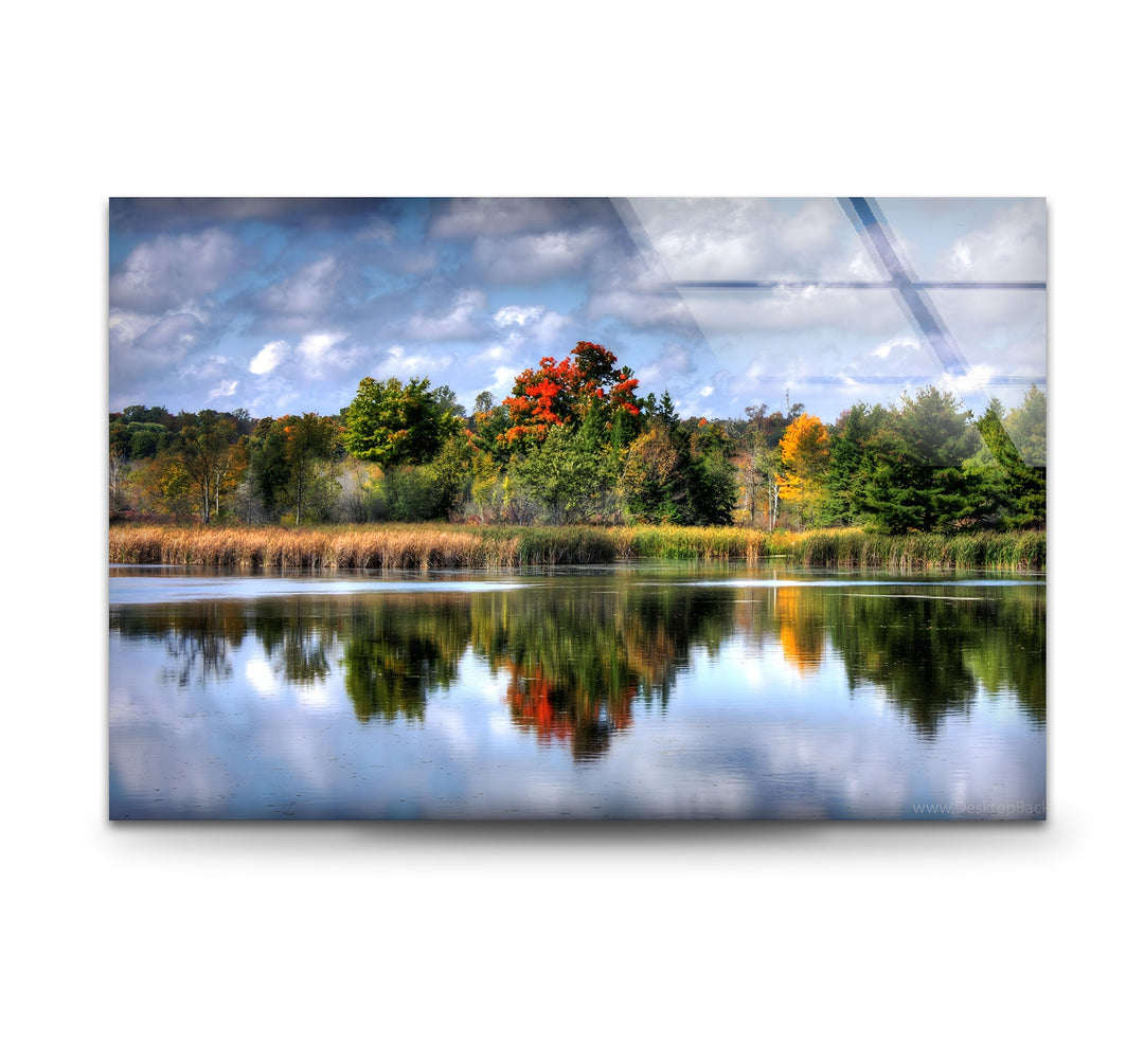 Autumn Reflections – Scenic Forest Lake Glass Wall Art