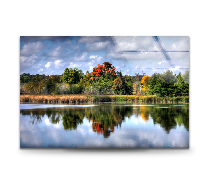 Autumn Reflections – Scenic Forest Lake Glass Wall Art