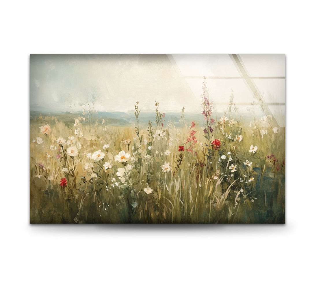 Wildflower Bloom – Tranquil Meadow Scene Glass Wall Art