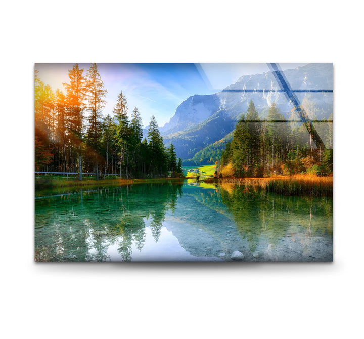 Tranquil Reflections – Alpine Lake and Mountain View Glass Wall Art