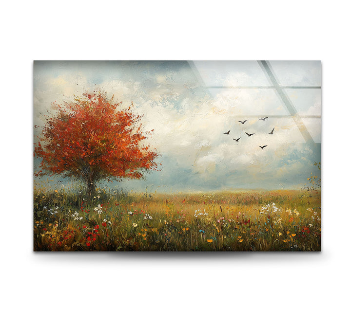 Golden Meadow Breeze – Red Tree in Bloom Glass Wall Art