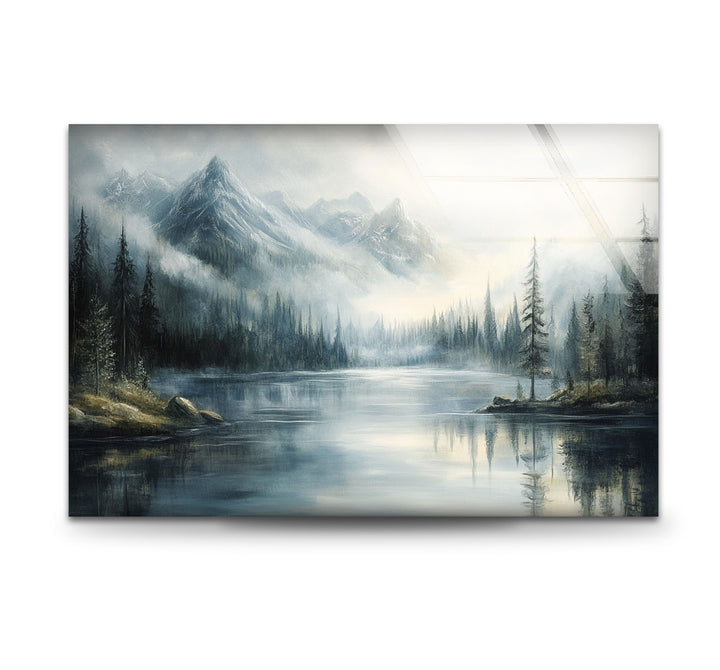 Whispering Pines – Misty Mountain Lake Glass Wall Art