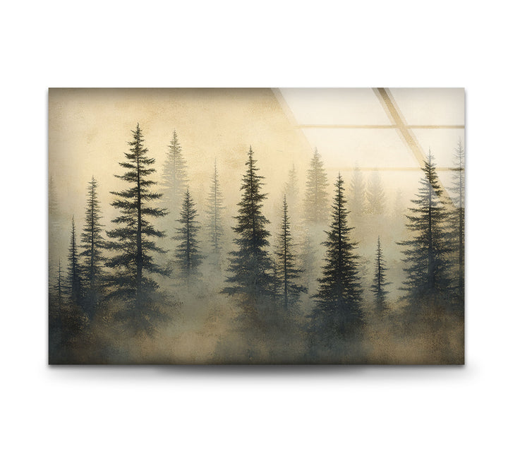 Whispers in the Pines – Misty Forest Scene Glass Wall Art