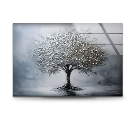 Clean edge framing enhances the modern textured tree featured in this silver serenity glass wall artwork, highlighting its grayscale tones and subtle reflections, a sophisticated glass wall artwork.