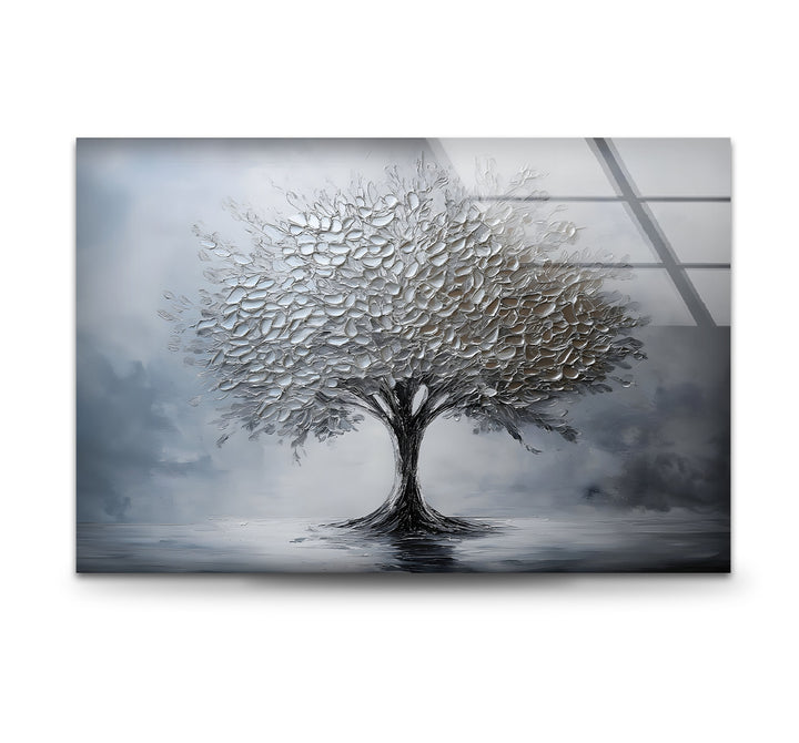 Silver Serenity – Moderne strukturierte Baumglas-Wandkunst