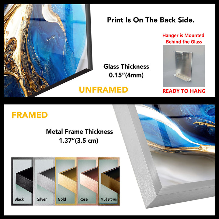 Celestial Currents – Blue and Gold Abstract Glass Wall Art