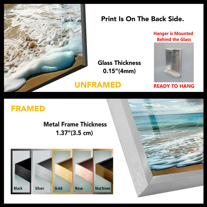 Sunlit Ocean Waves and Sandy Beach - Glass Wall Art