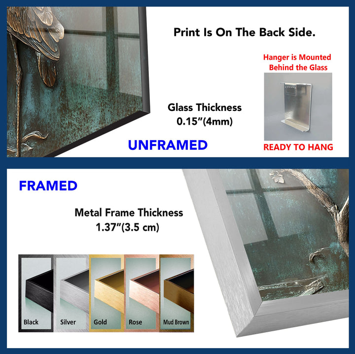 Verdigris Harmony – Bronze Crane Trio Glass Wall Art