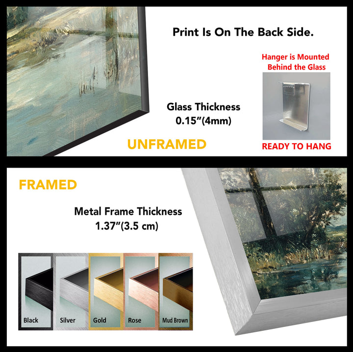 Tranquil Reflections – Serene Countryside River Glass Wall Art