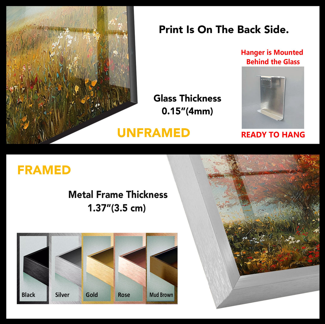 Golden Meadow Breeze – Red Tree in Bloom Glass Wall Art