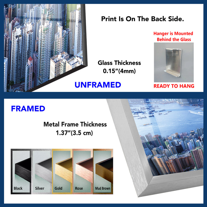 Glaswandkunst mit Skyline von Hongkong – Stadtbild und Hafenblick aus der Luft