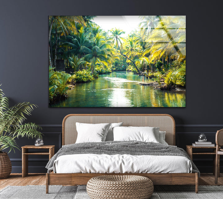 Exotic tropical retreat with a serene river and lush, sun-kissed jungle.
