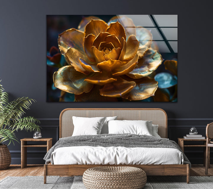 Golden Flower Glass Wall Art, glass pictures for Wall, glass prints wall art