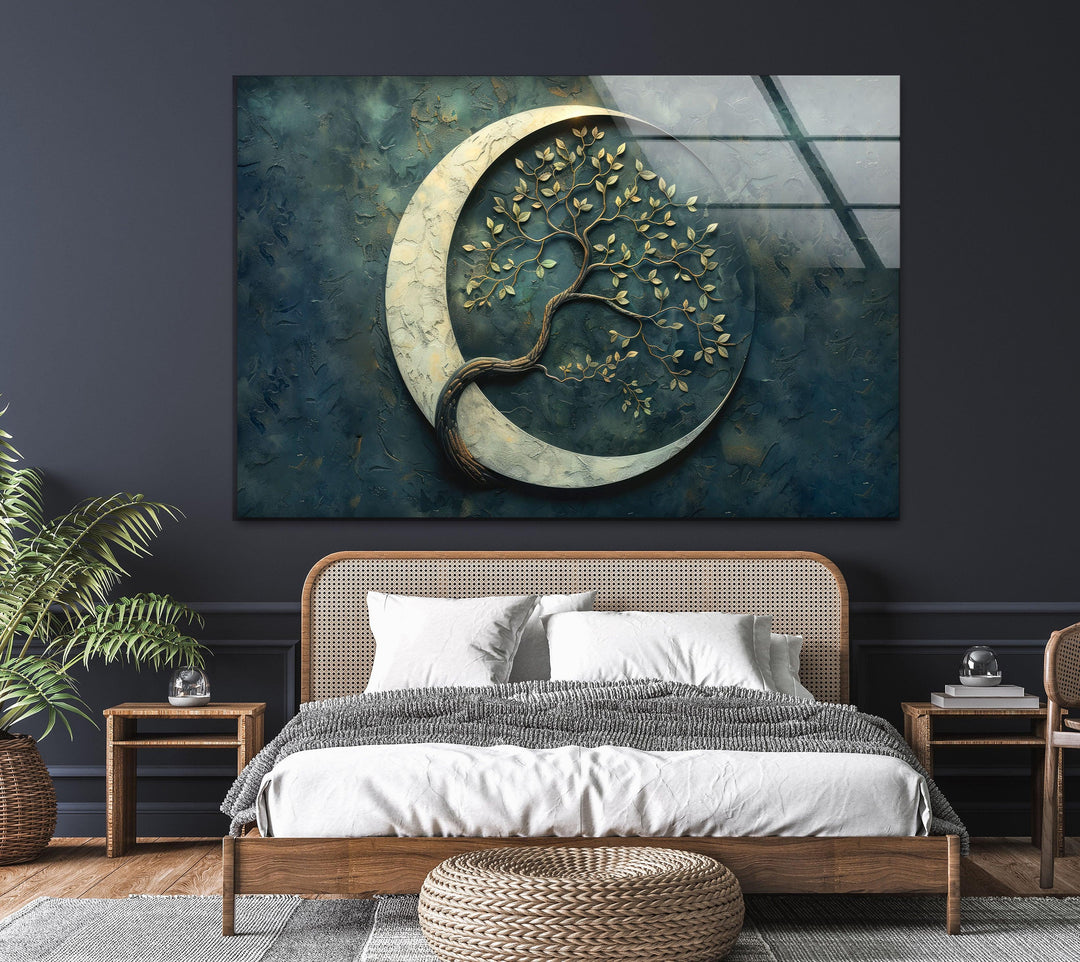 A symbolic representation of life’s journey, where a tree flourishes within the embrace of the moon.