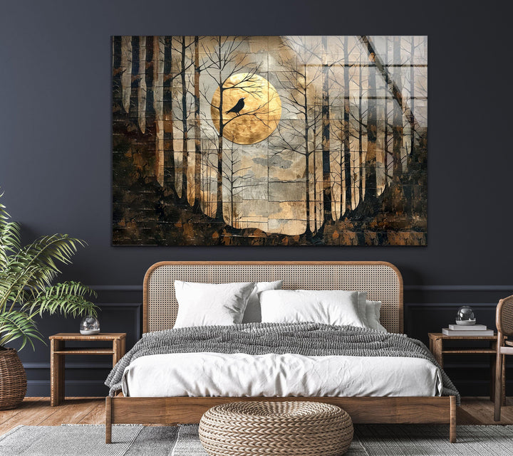 A textured artistic glass wall print of a crow in a foggy, moonlit woodland.
