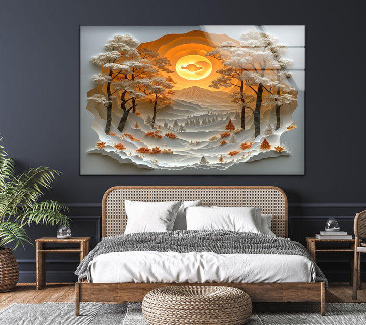 High-quality glass print of a mesmerizing sunset over a fantasy forest.
