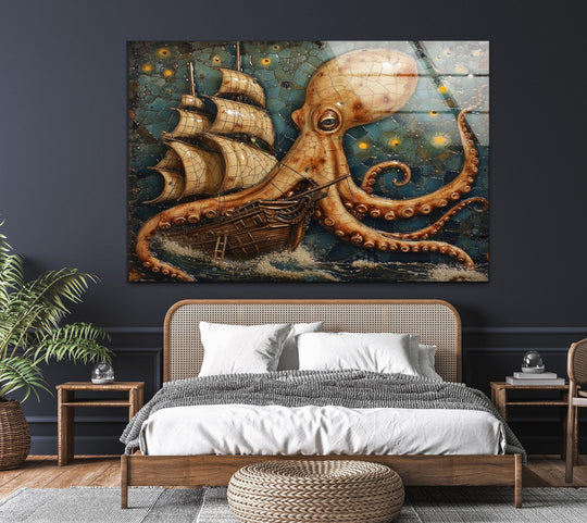 A mesmerizing glass printing of a majestic octopus engulfing a sailing ship in turbulent seas.