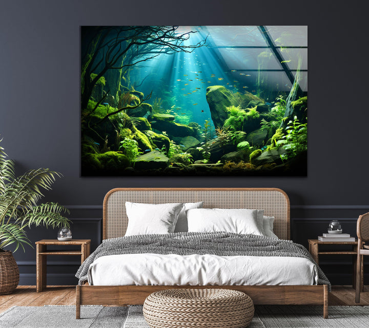 Tranquil underwater jungle, with glowing aquatic plants and shimmering waters.
