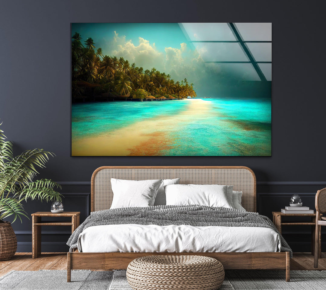 Caribbean-style tropical beach with golden reflections on the ocean.
