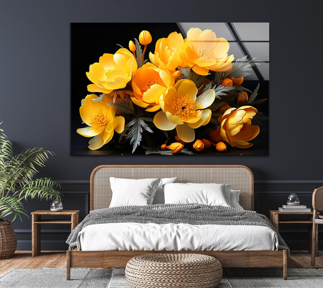 Yellow Peony Bouquet Glass Wall Art, glass pictures for Wall, glass prints wall art