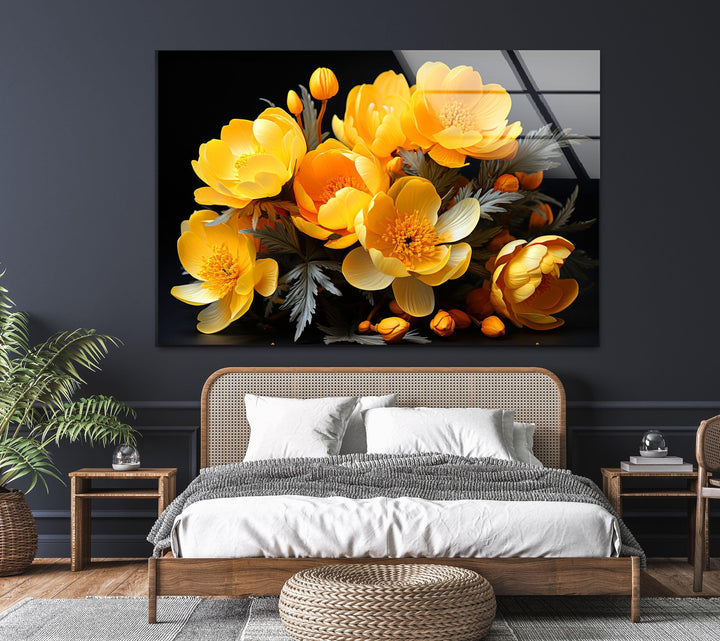 Yellow Peony Bouquet Glass Wall Art, glass pictures for Wall, glass prints wall art
