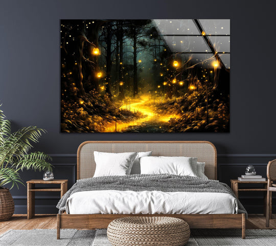 The landscape Light In The Forest glass wall art shows a glowing forest pathway and enchanted nature scene