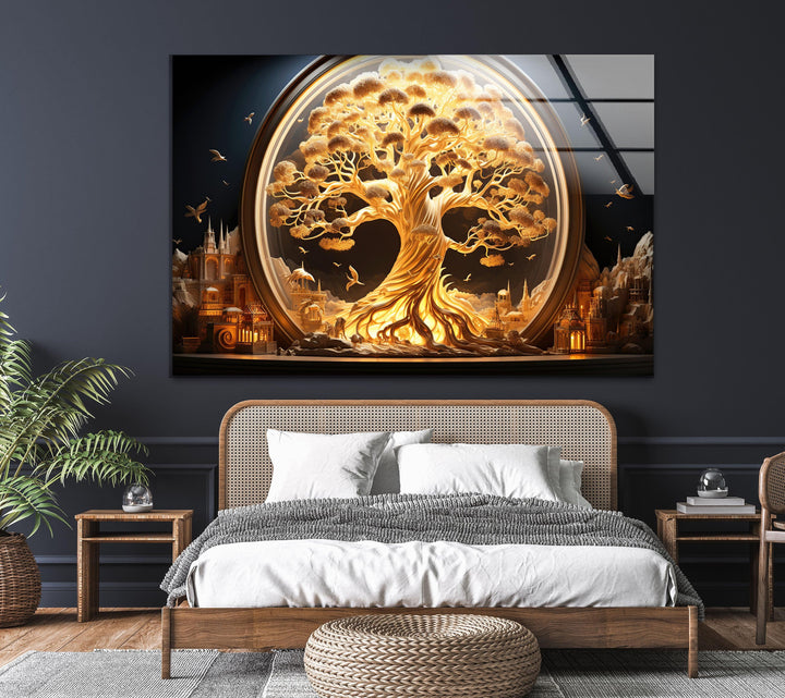 Intricate fantasy artwork with a glowing tree and celestial elements.
