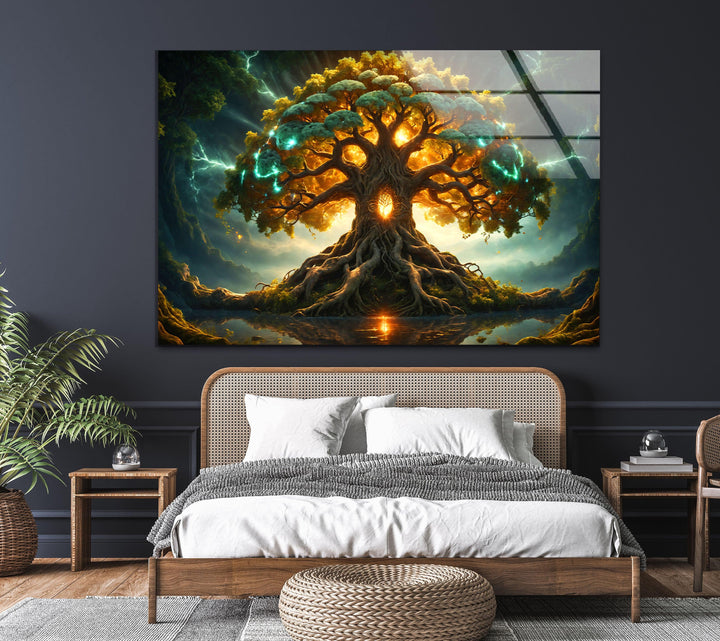Glowing Yggdrasil Tree Glass Wall Art, glass pictures for Wall, glass prints wall art