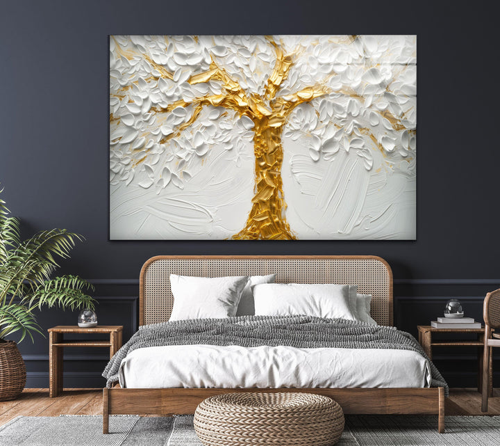 Golden Tree With White Flower Glass Wall Art, glass image printing, glass prints from photos
