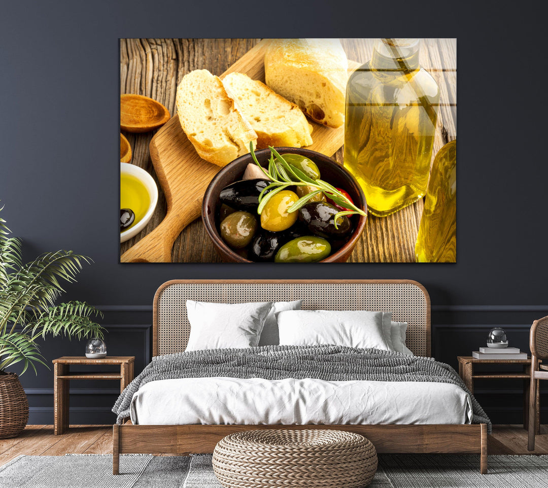 Olives And Bread Glass Wall Art, glass image printing, glass prints from photos