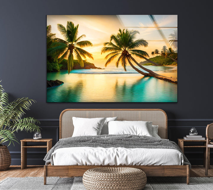 Coastal sunset reflection with lush palm trees and turquoise waters.
