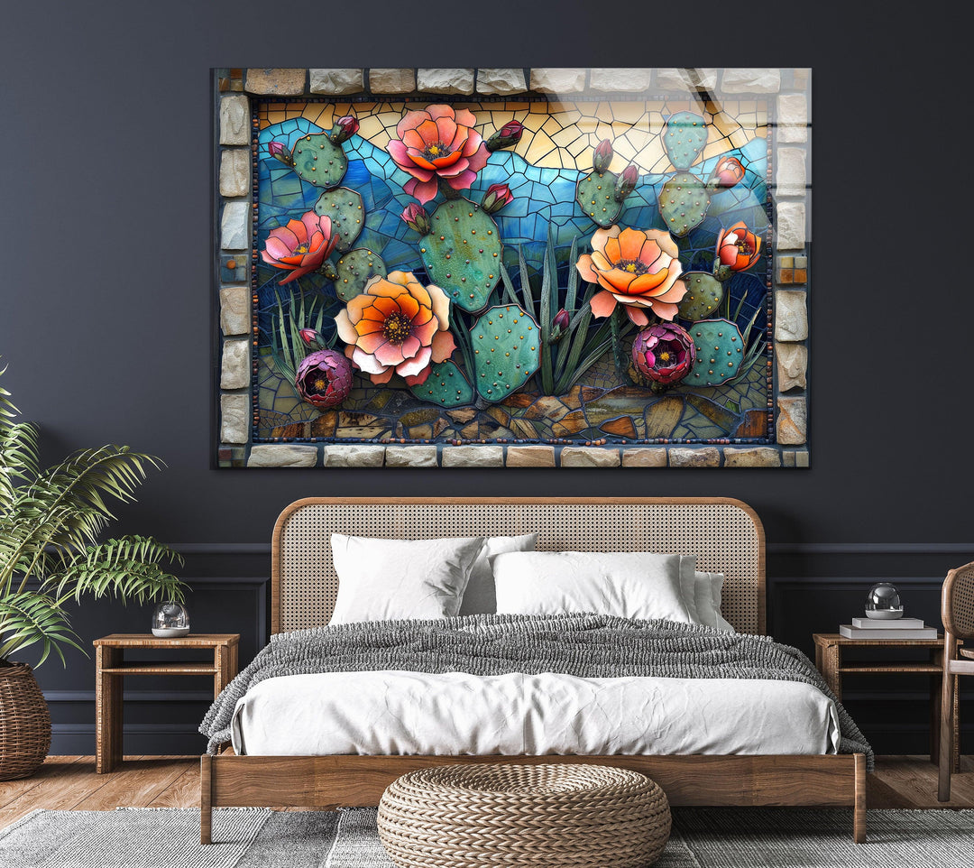 Mosaic Flowering Cactus Glass Wall Art, glass photo prints, glass picture prints