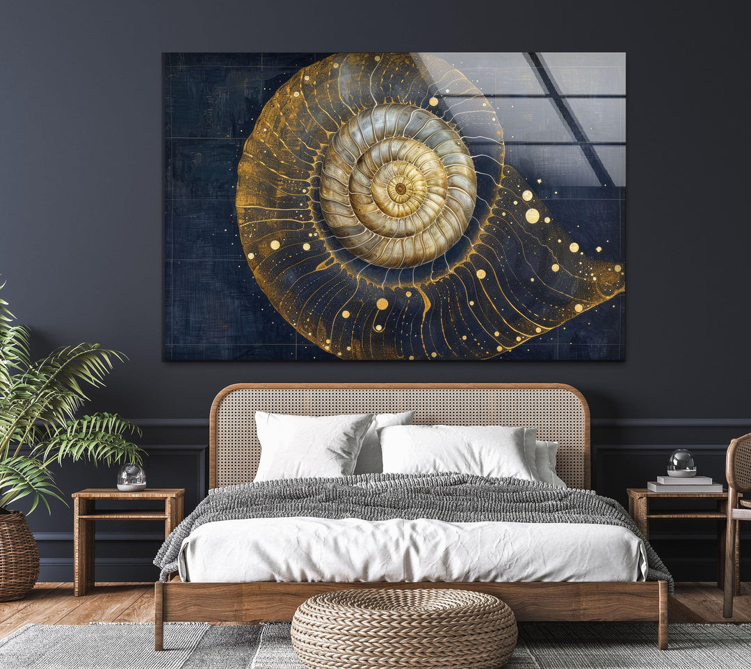 Goldglänzendes Schneckenhaus-Wandbild aus Glas