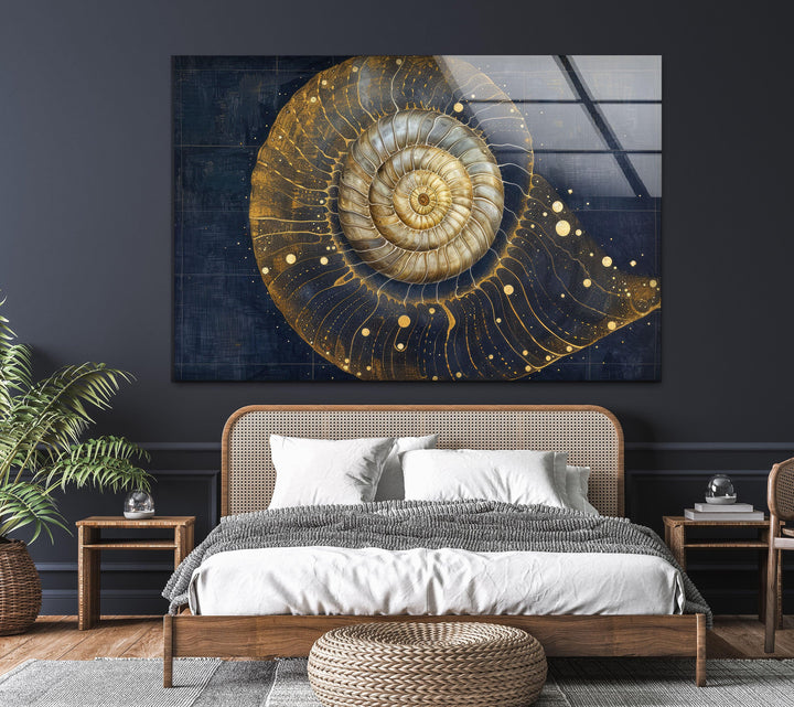 Goldglänzendes Schneckenhaus-Wandbild aus Glas