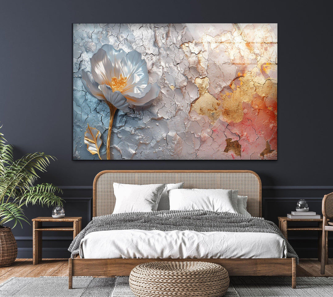 Silver Flower Abstract Glass Wall Art, custom glass pictures, glass art prints