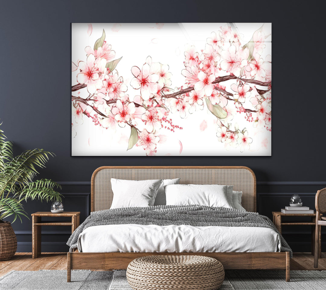 Watercolor Cherry Blossoms Glass Wall Art, glass image printing, glass prints from photos