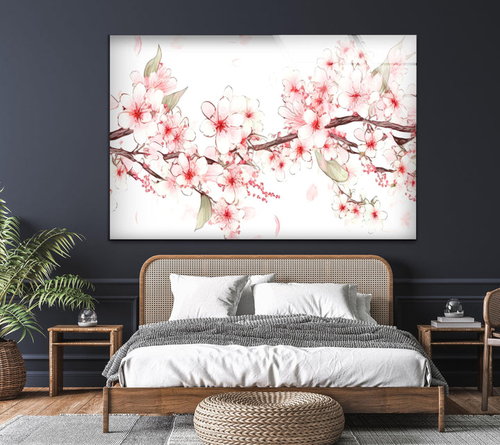Watercolor Cherry Blossoms Glass Wall Art, glass image printing, glass prints from photos