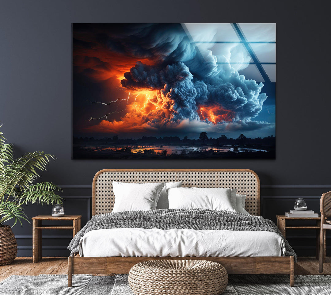 Inferno Storm Glass Wandkunst: Ein feuriger Zusammenprall von Wolken und Blitzen
