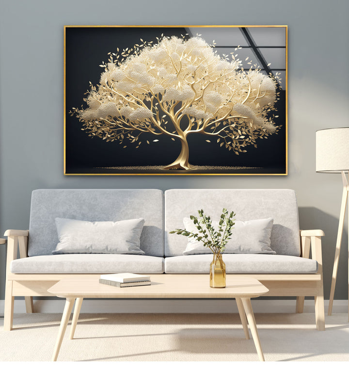 The serene and elegant mood is captured by this beautiful golden tree glass art, offering a sophisticated nature decor.