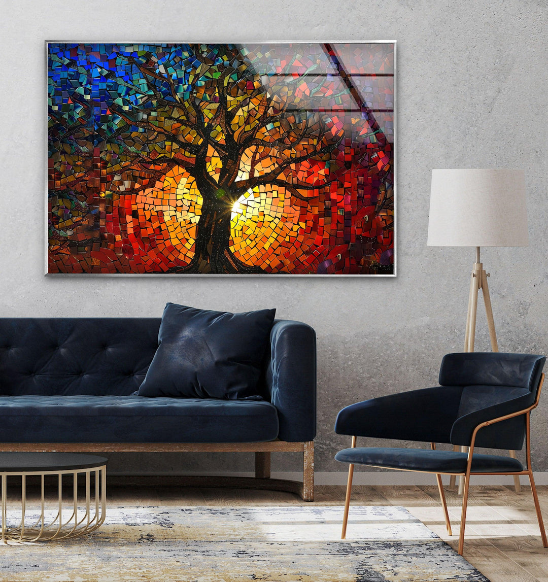 Life of Tree Red & Blue Glass Wall Art glass wall decor, glass wall art decor