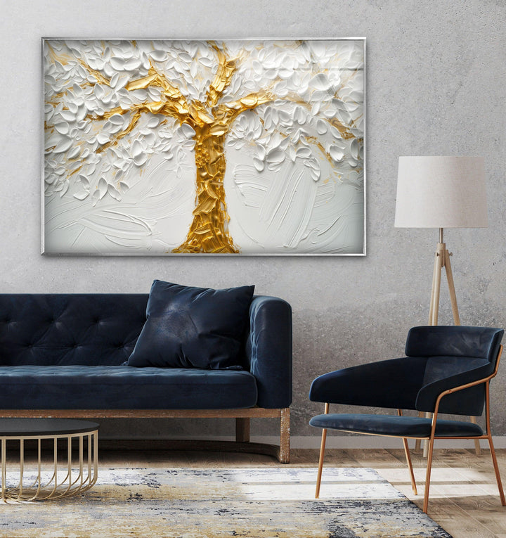 Golden Tree With White Flower Glass Wall Art, glass photo prints, glass picture prints
