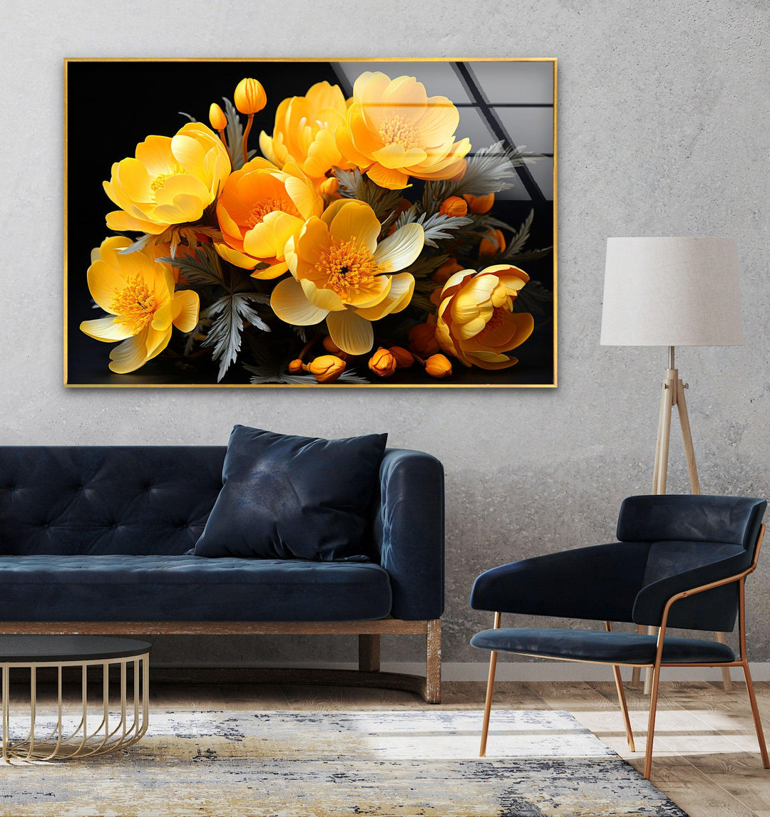 Yellow Peony Bouquet Glass Wall Art, glass image printing, glass prints from photos
